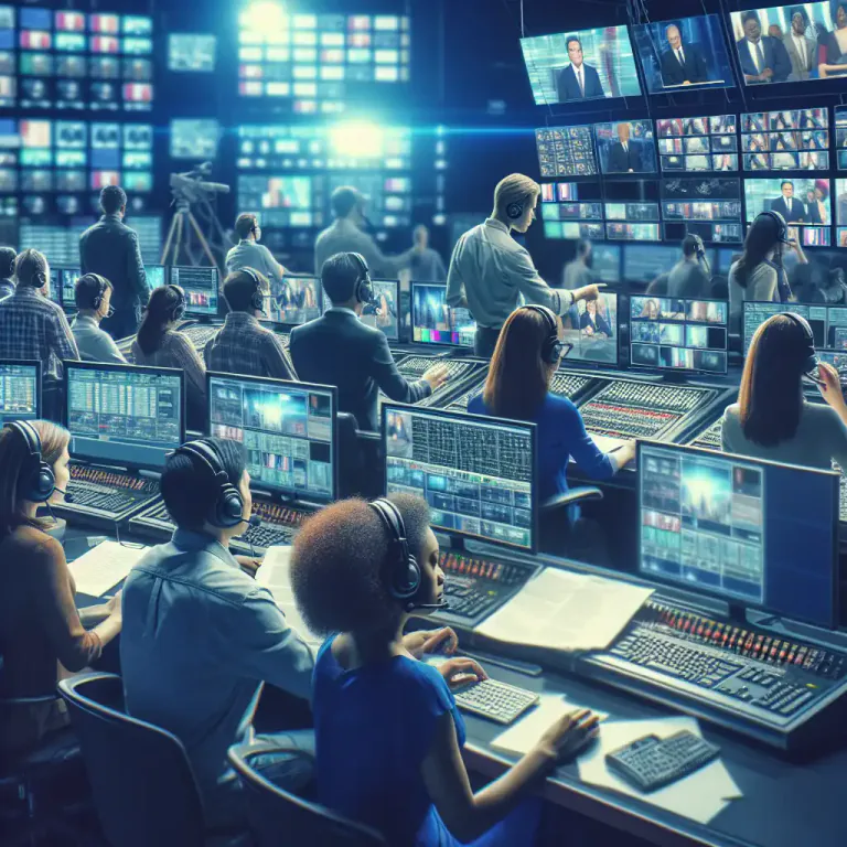 Visual representation of "desk" - A place where news articles are received and processed in a television or radio station.