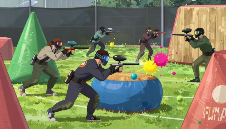 Visual representation of "paintball" - A game where players shoot balls of paint at each other from guns to eliminate opponents from the game.