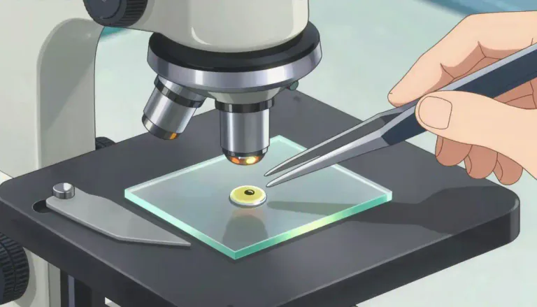 Visual representation of "coverslip" - A small, thin piece of glass or plastic used to cover a specimen on a microscope slide.
