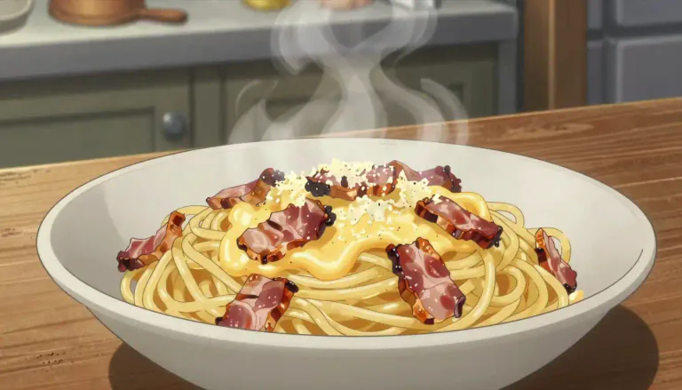 Visual representation of "carbonara" - A traditional Italian dish made from pasta, eggs, cheese, and meat, usually guanciale or pancetta.