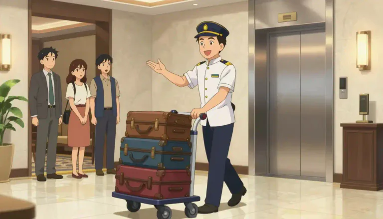 Visual representation of "bellhop" - A bellhop is a hotel worker who helps guests by carrying their luggage and providing other assistance.