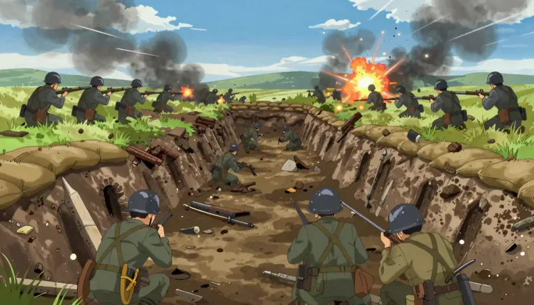 Visual representation of "battlefront" - The area where active fighting occurs in a war.
