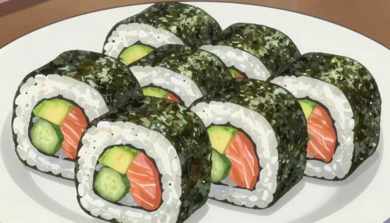 Visual representation of "maki" - Maki is a type of sushi made with rice and various fillings, rolled in sheets of nori (seaweed).