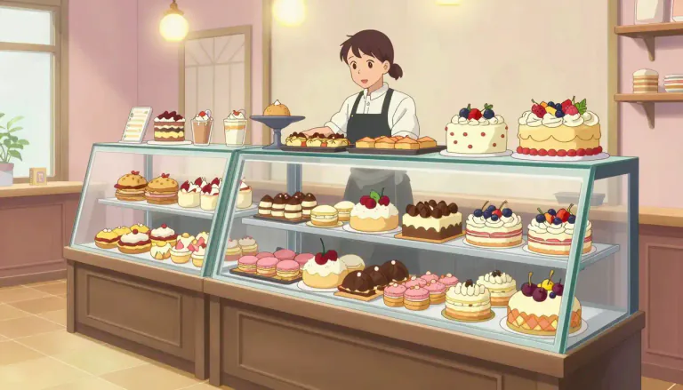 Visual representation of "patisserie" - A shop where pastries and cakes are made and sold, often featuring elaborate and decorative confectioneries.