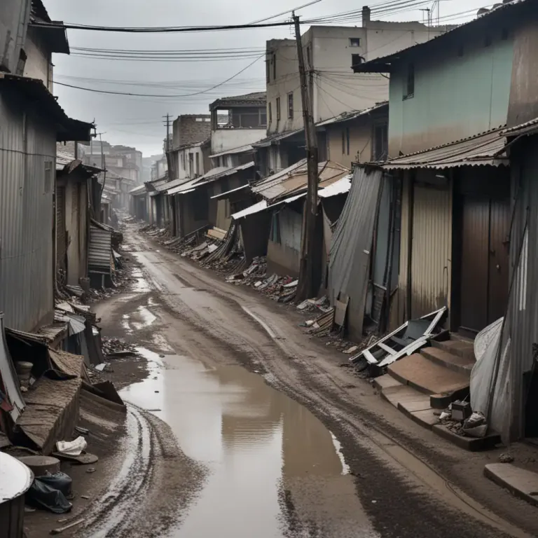 Visual representation of "rookery" - A crowded and dirty area of a city where poor people live.