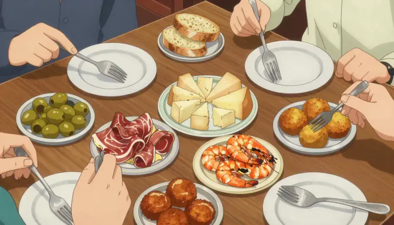 Visual representation of "tapa" - A small dish of food served as an appetizer in Spanish-speaking countries, often meant for sharing.