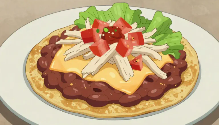 Visual representation of "tostada" - A tostada is a crisp, flat tortilla that is usually topped with various ingredients such as beans, cheese, meat, and salsa.