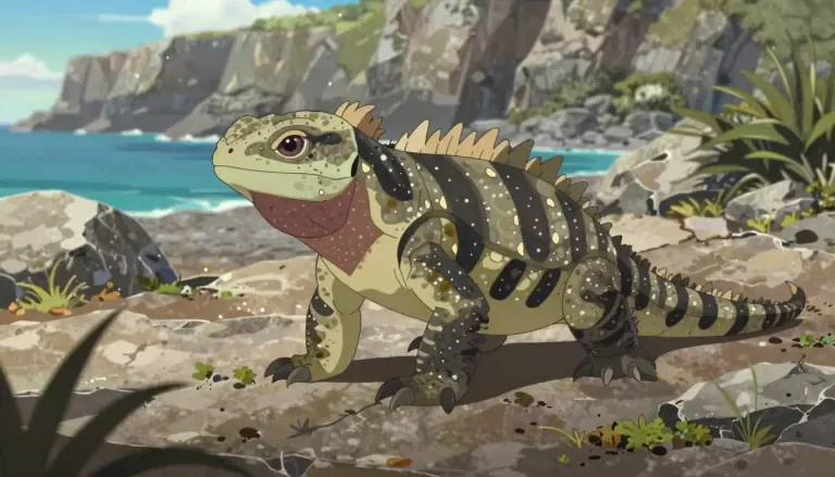 Visual representation of "tuatara" - A tuatara is a large lizard-like reptile found only in New Zealand, known for its sharp spines along its back and its ancient lineage.