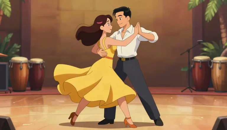 Visual representation of "rumba" - A lively Cuban dance characterized by rhythmic footwork and hip movements, often performed to specific musical styles.