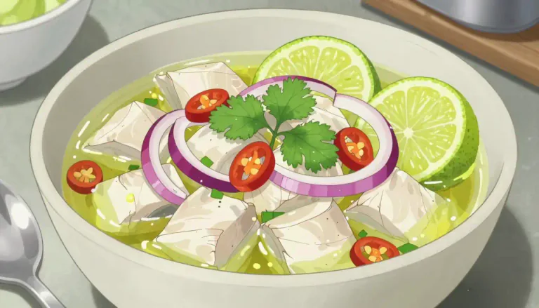 Visual representation of "ceviche" - Ceviche is a dish made from fresh fish marinated in citrus juices and mixed with various seasonings.