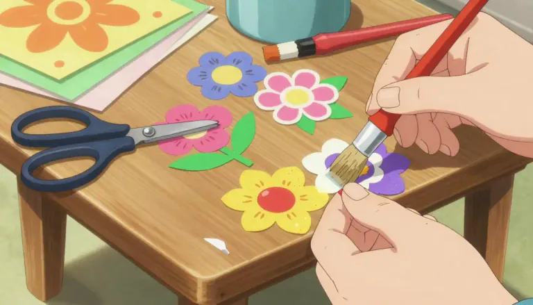 Visual representation of "decoupage" - A decorative art that involves decorating an object by gluing colored paper cutouts onto it and then sealing it with a finish.