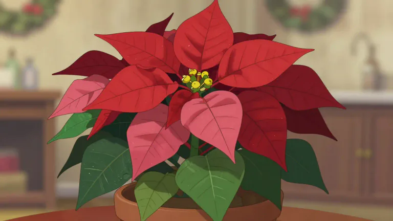 Visual representation of "poinsettia" - A Christmas plants with big red or pink leaves.