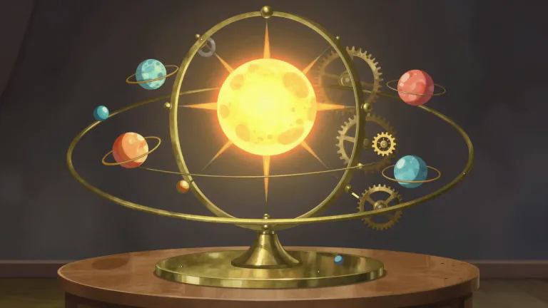 Visual representation of "orrery" - A mechanical model that illustrates the movements of the planets around the sun.