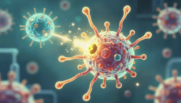 Visual representation of "hybridoma" - A hybrid cell created by the fusion of a specific immune cell and a cancer cell, capable of producing a single type of antibody.