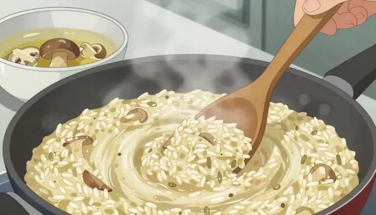 Visual representation of "risotto" - A dish from Italy made with rice cooked and stirred continuously in a broth until creamy.