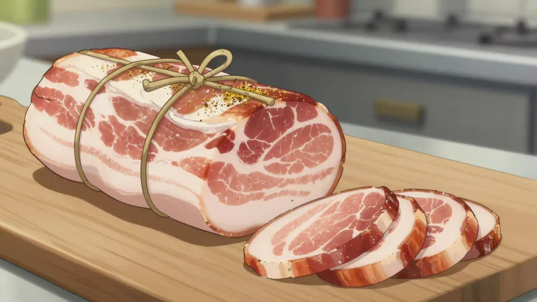 Visual representation of "pancetta" - Pancetta is an Italian cured meat made from pork belly, seasoned with spices, and often sliced thin for use in various dishes.