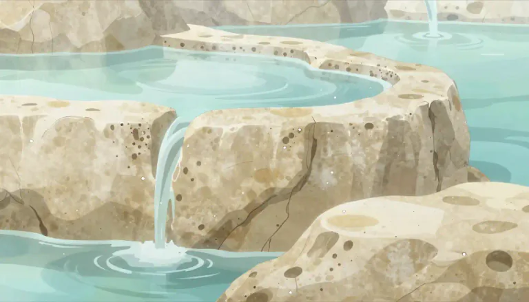 Visual representation of "travertine" - A type of limestone that is formed by the precipitation of carbonate minerals from water, especially mineral springs.