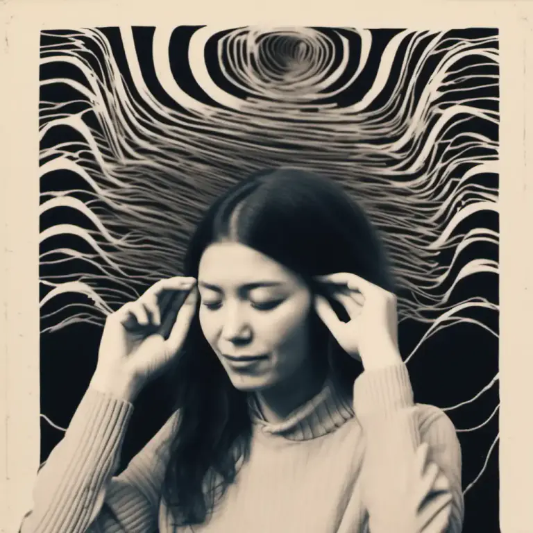Visual representation of "ring in your ears/head" - Prolonged hearing of a sound or noise, often after the sound has stopped.