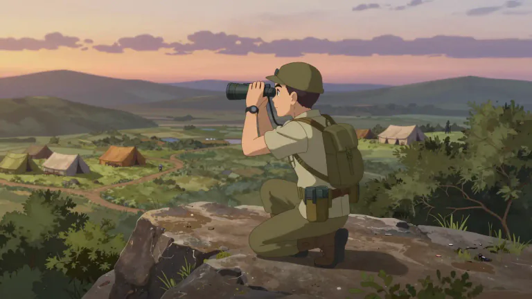 Visual representation of "reconnoiter" - To survey an area for information, especially for military purposes.