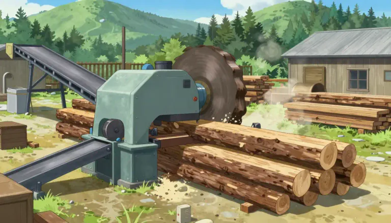 Visual representation of "sawmill" - A place where machines are used to cut logs into planks of wood.