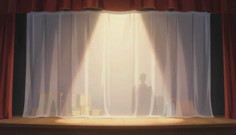Visual representation of "scrim" - A sheer fabric used in theater that can appear opaque or transparent depending on lighting.