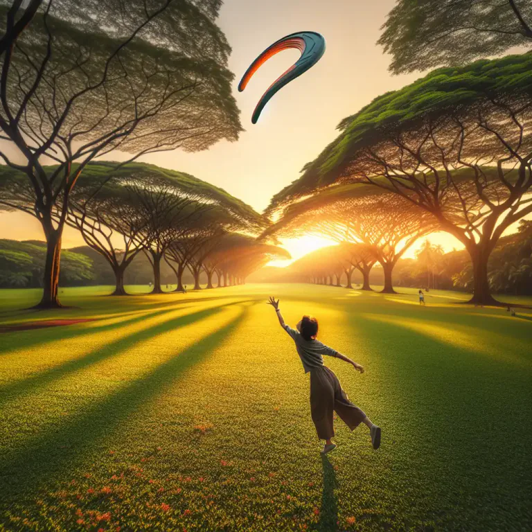 Visual representation of "boomerang" - A type of aerobie, frisbee or throwing toy in the shape of a boomerang, which is thrown and expected to return to the thrower.