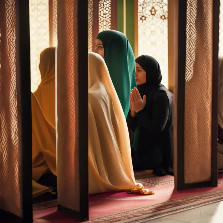 Visual representation of "hijab" - A curtain or partition, especially in a mosque, separating genders or those of high rank from common people.