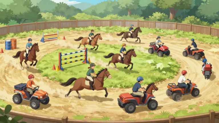 Visual representation of "gymkhana" - A competitive event of skill and speed, often involving horses or vehicles, consisting of various challenges.