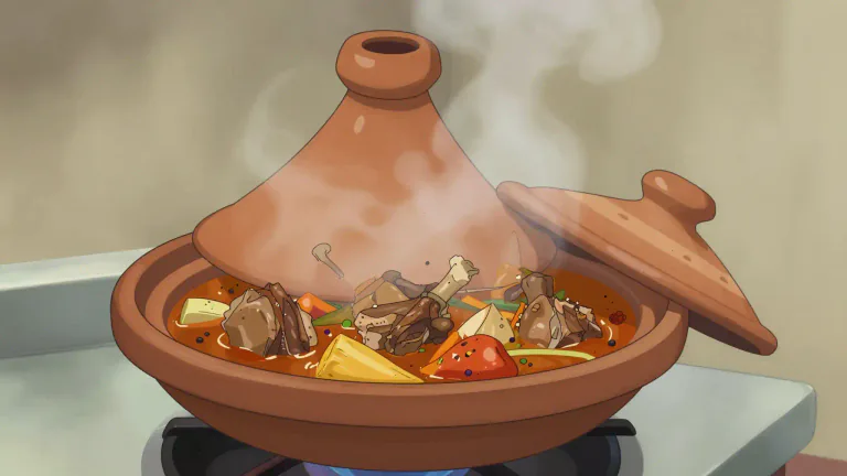 Visual representation of "tagine" - A type of North African stew cooked in a conical earthenware pot of the same name.