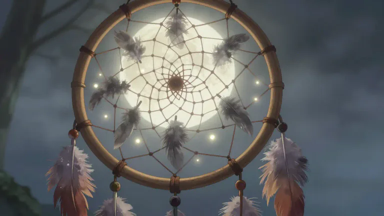 Visual representation of "dreamcatcher" - A dreamcatcher is a traditional Native American object made from a circular frame with a woven net or web, intended to catch bad dreams and let good dreams filter through.