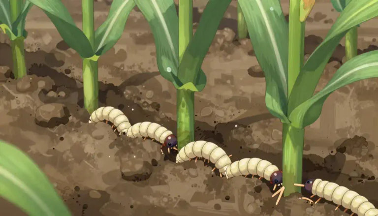 Visual representation of "rootworm" - A type of beetle larva that feeds on the roots of plants, particularly corn, causing damage and economic loss in crops.