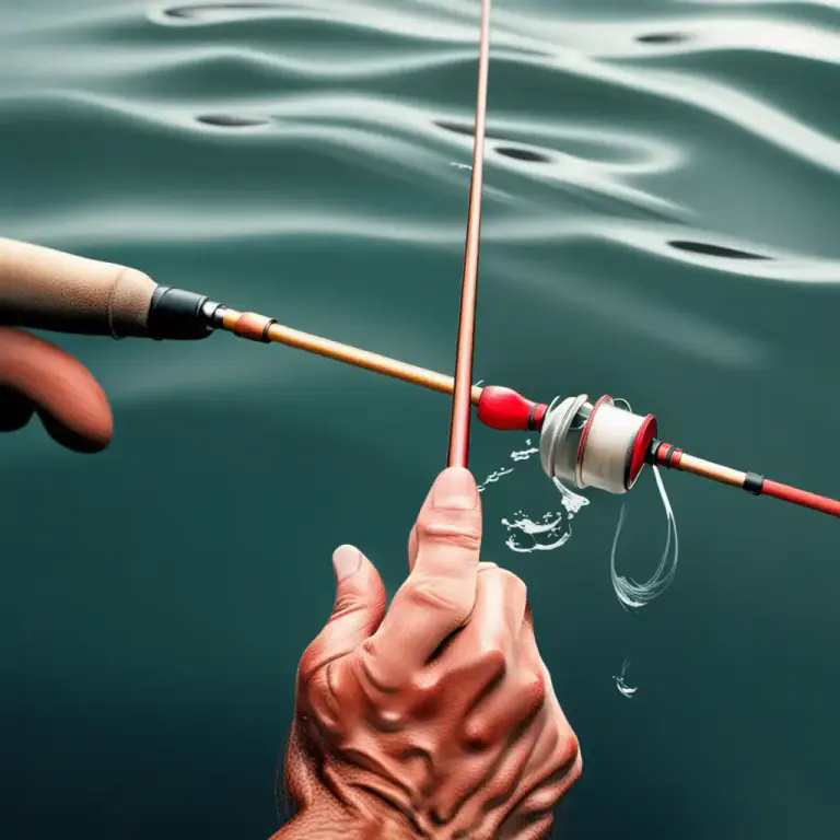 Visual representation of "float" - A small device attached to a fishing line that goes under water when a fish bites