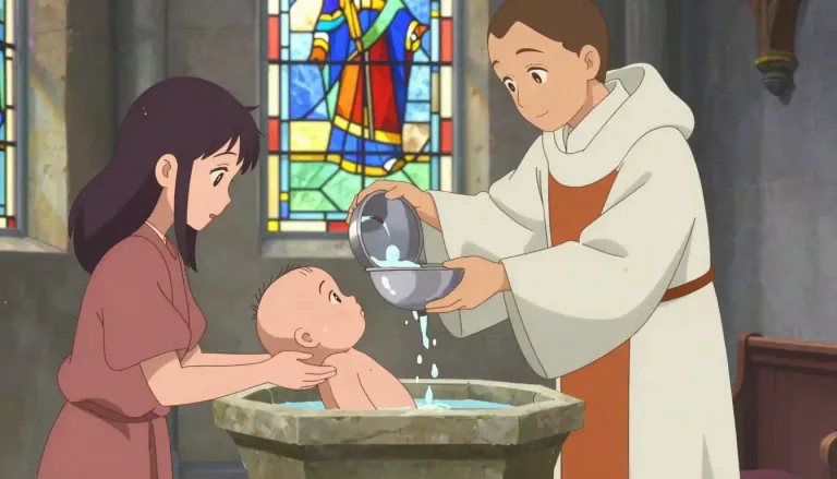 Visual representation of "baptism" - A Christian sacrament of initiation and adoption, involving immersing or pouring water over someone's head or sprinkling water on them.