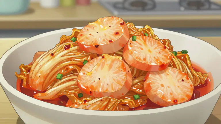 Visual representation of "kimchi" - Kimchi is a traditional Korean dish made from fermented vegetables, primarily napa cabbage and radishes, and seasoned with spices.