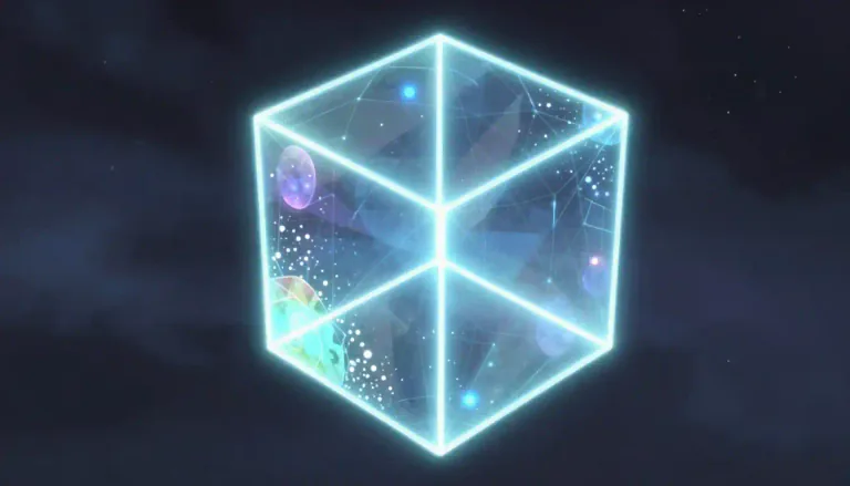 Visual representation of "tesseract" - A geometric figure in four-dimensional space, extending the concept of a cube to an additional dimension.