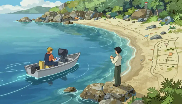 Visual representation of "hydrography" - Hydrography is the scientific study of the physical features of bodies of water and their adjacent land areas.