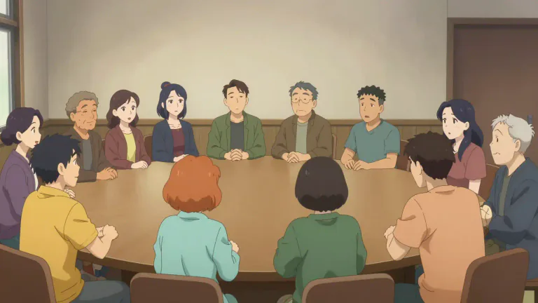 Visual representation of "roundtable" - A meeting where various people come together to discuss an important issue, usually with no hierarchy.