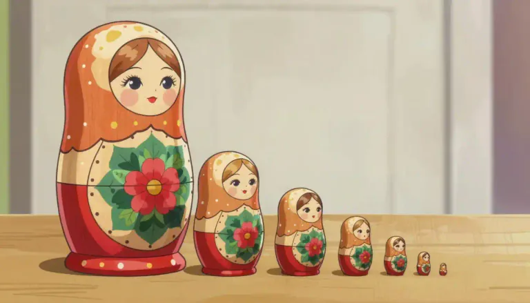 Visual representation of "matryoshka" - A traditional Russian wooden doll that can be separated into several smaller dolls, usually with each smaller doll nesting inside the larger one.