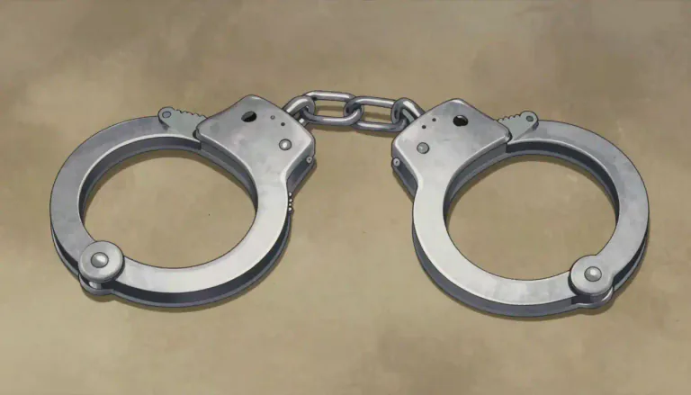 Visual representation of "handcuff" - A pair of metal rings attached to a chain that are put on a criminal's wrists to limit their movement