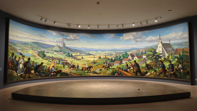 Visual representation of "cyclorama" - A large, cylindrical painting designed to create a three-dimensional effect in a room, often depicting significant historical or natural scenes.
