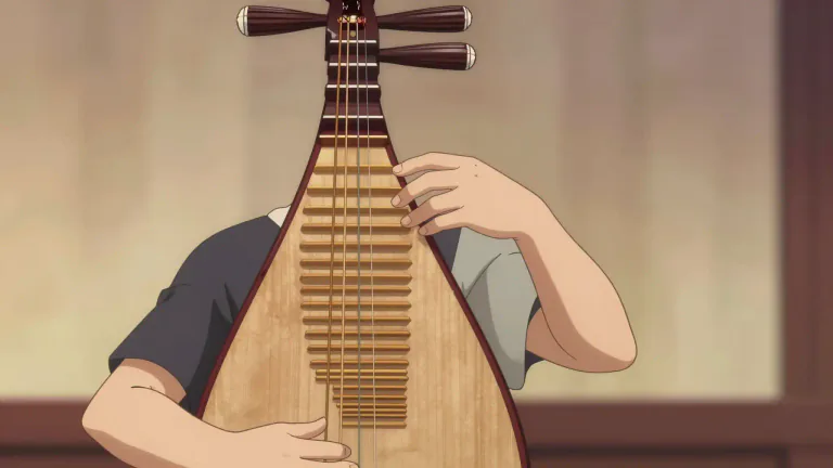Visual representation of "pipa" - A traditional Chinese stringed instrument with a pear-shaped body, played by plucking its strings.