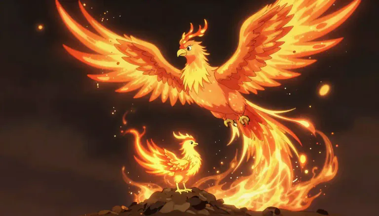 Visual representation of "phoenix" - A mythical bird that dies in flames and is reborn from its ashes.
