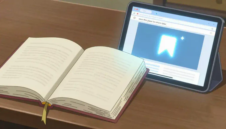 Visual representation of "bookmark" - A piece of paper or a digital tool that marks a place in a book or website to return to later.