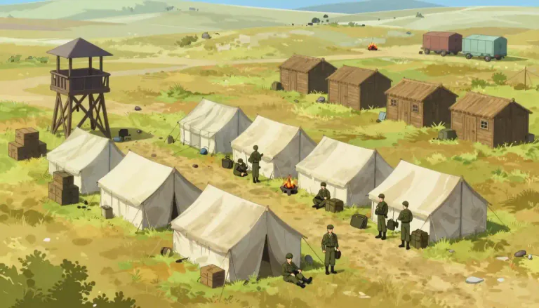 Visual representation of "cantonment" - A temporary camp, town, or village that houses military troops.