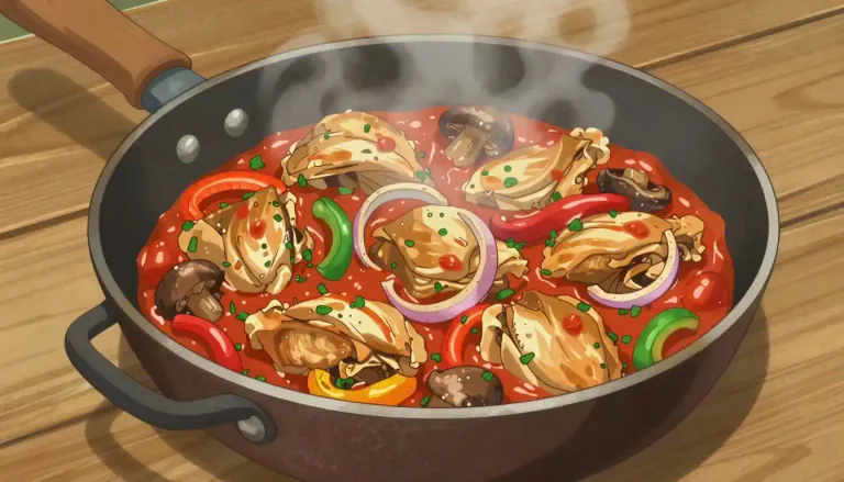 Visual representation of "cacciatore" - A dish prepared with meat and vegetables, especially chicken, cooked in a sauce that includes tomatoes and herbs, reflecting a rustic Italian style.