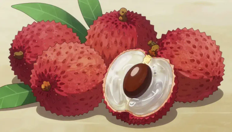 Visual representation of "litchi" - A tropical fruit with a sweet, juicy flesh and a bumpy red skin, native to the Guangdong province of China.