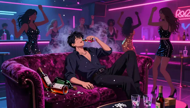Visual representation of "debauched" - Behaving excessively indulgent in sex, alcohol, or drugs.