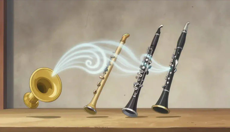 Visual representation of "woodwind" - A family of musical instruments that produce sound when air is blown into them, often using reeds.