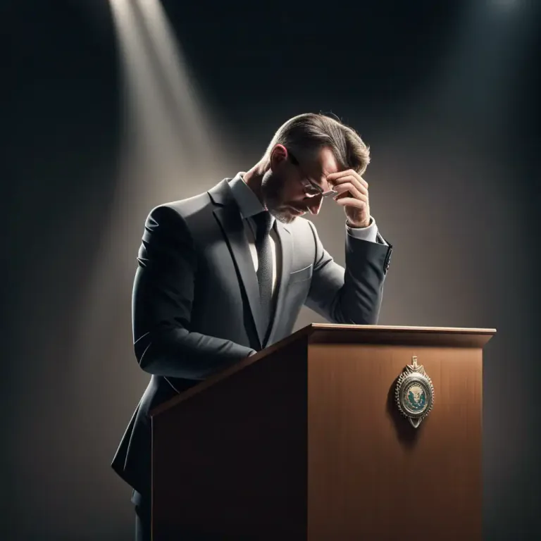 Visual representation of "step down" - To give up one's job or position of authority, typically in a formal or public setting.