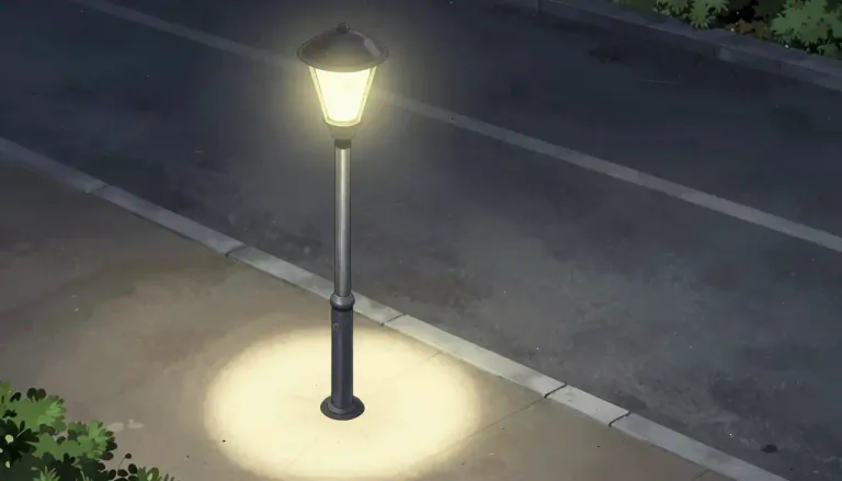 Visual representation of "streetlamp" - A tall post with a light at the top that is put beside a street to light it up at night.